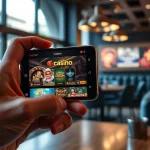 Entdecken Sie die besten Casino apps auf einem stylischen Smartphone, das aufregende Spiele im Café zeigt.