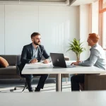 Personalberater Vertrieb diskutiert engagiert mit einem Kunden in einem modernen Büro.