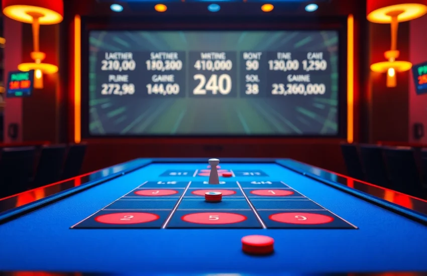 Spiele Plinko auf einem aufregenden Online-Casino-Tisch mit vertikalen Pins und bunten Pucks.