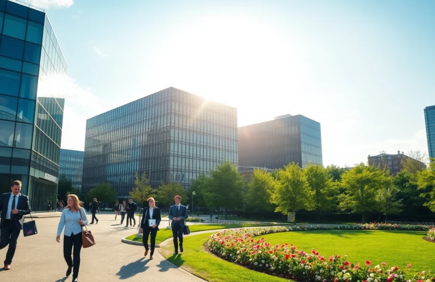 Headhunter Hannover Bürokomplex mit geschäftigen Menschen in modernen Businesskleidungen.