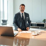 Headhunter CEO bei der Arbeit in einem modernen Büro, umgeben von Bewerbungsunterlagen.