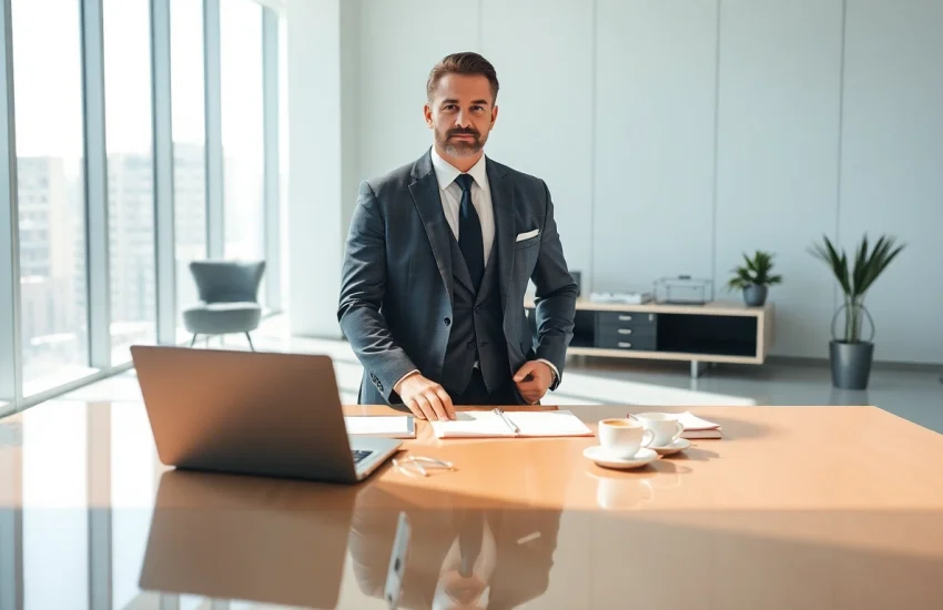 Headhunter CEO bei der Arbeit in einem modernen Büro, umgeben von Bewerbungsunterlagen.