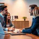 Headhunter führt ein Bewerbungsgespräch mit einer Kandidatin in einem modernen Büro.