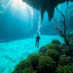 Diver exploring stunning underwater formations in Tauchen Cenotes, showcasing crystal-clear waters and vibrant marine life.