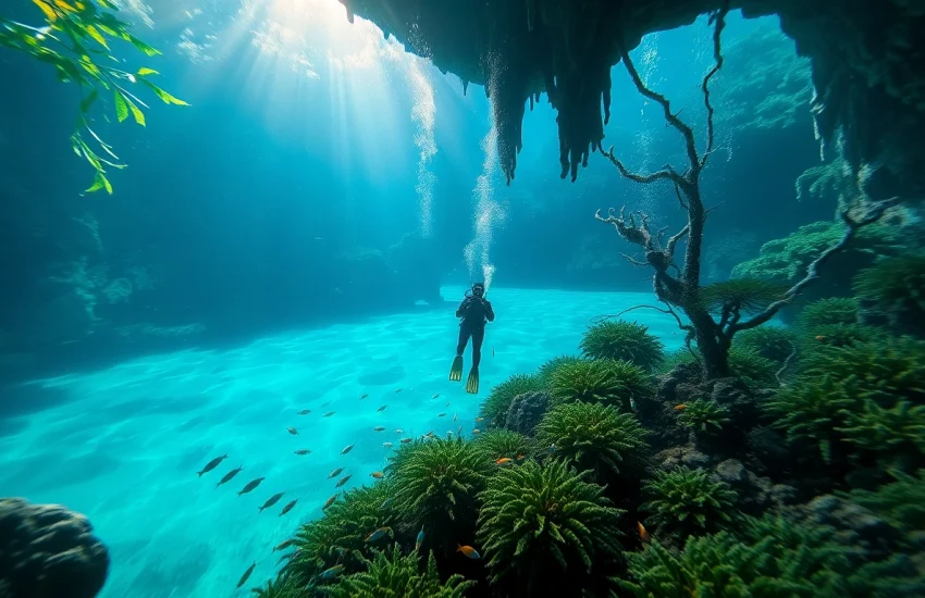 Diver exploring stunning underwater formations in Tauchen Cenotes, showcasing crystal-clear waters and vibrant marine life.
