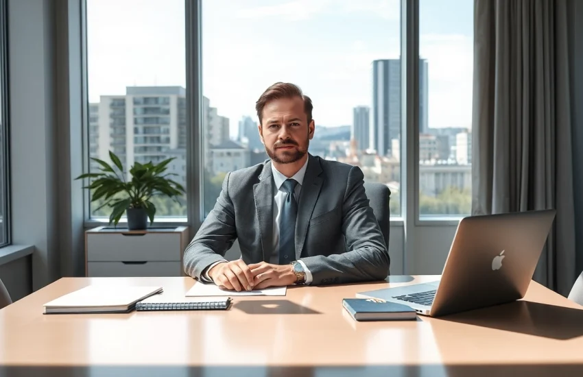 Headhunter Saarbrücken trifft den richtigen Fachmann am Schreibtisch mit Stadtansicht im Hintergrund.