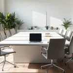 Headhunter Schweiz: Moderner Büroarbeitsplatz mit elegantem Konferenztisch und Laptop.