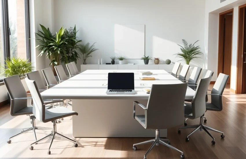 Headhunter Schweiz: Moderner Büroarbeitsplatz mit elegantem Konferenztisch und Laptop.