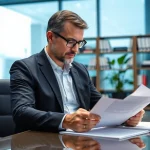 Headhunter Finance bei der Durchsicht von Bewerbungen in einem eleganten Büro.