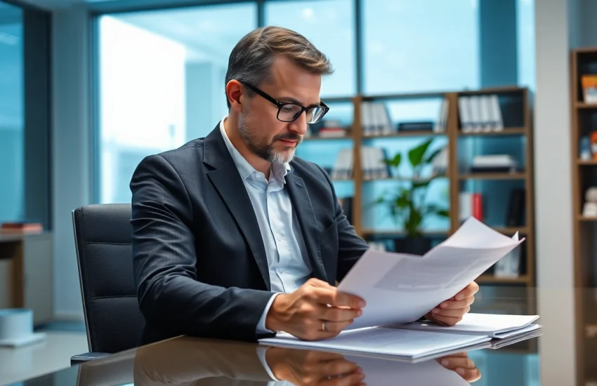 Headhunter Finance bei der Durchsicht von Bewerbungen in einem eleganten Büro.