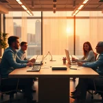 Headhunter Ingenieure beraten an einem modernen Tisch in einem hellen Büro.
