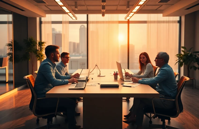 Headhunter Ingenieure beraten an einem modernen Tisch in einem hellen Büro.