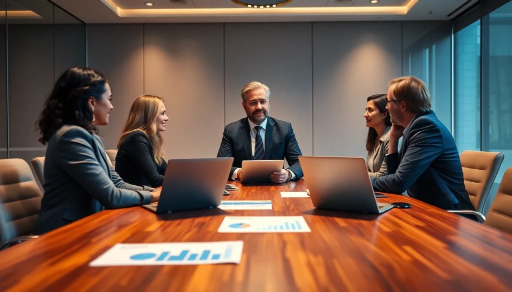 Headhunter Geschäftsführer strategizing in a corporate meeting room with a diverse team.