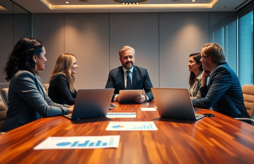 Headhunter Geschäftsführer strategizing in a corporate meeting room with a diverse team.