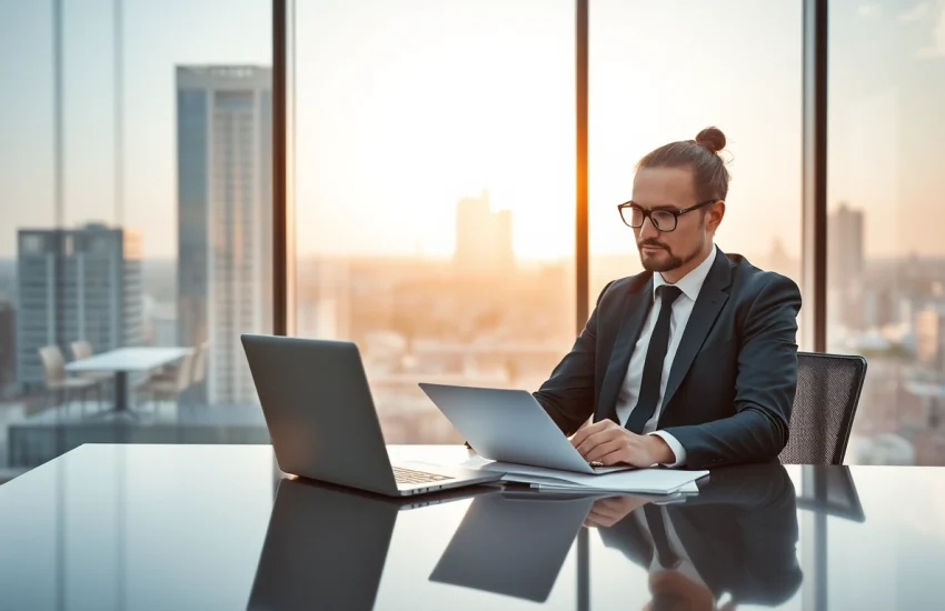 Headhunter IT bei der Arbeit in einem modernen Büro mit Technologie.
