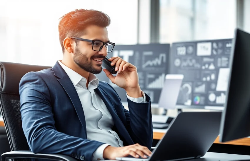 Headhunter IT im modernen Büro, der telefonisch mit einem Kandidaten spricht und IT-Trends präsentiert.