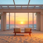 Entspannen Sie sich in der stilvollen Küsten-Cabana mit Ozeanblick und tropischen Pflanzen.