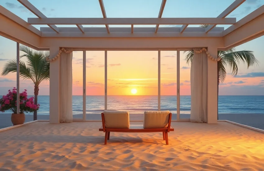 Entspannen Sie sich in der stilvollen Küsten-Cabana mit Ozeanblick und tropischen Pflanzen.