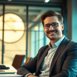Headhunter IT sitzt in einem modernen Büro und arbeitet konzentriert an einem Laptop.