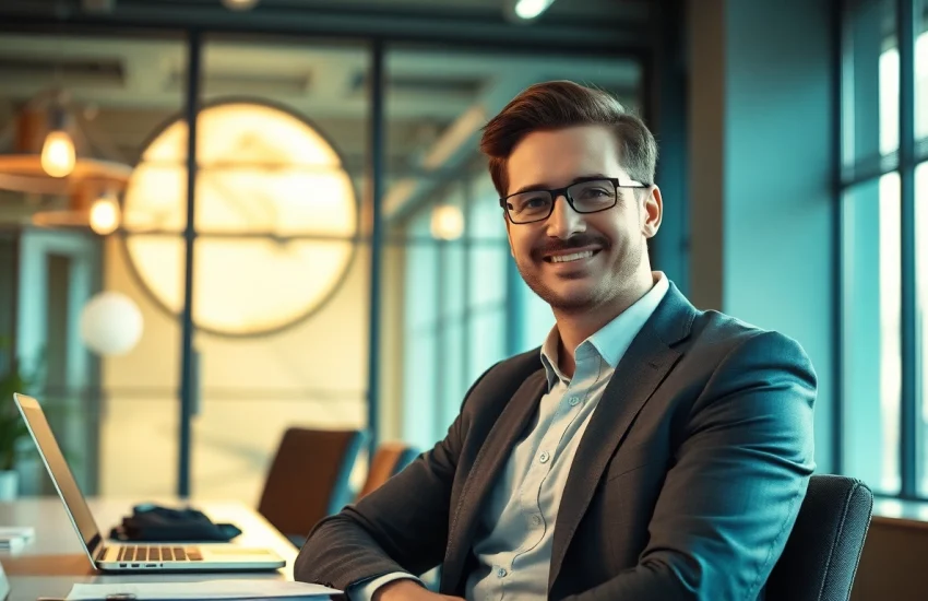 Headhunter IT sitzt in einem modernen Büro und arbeitet konzentriert an einem Laptop.