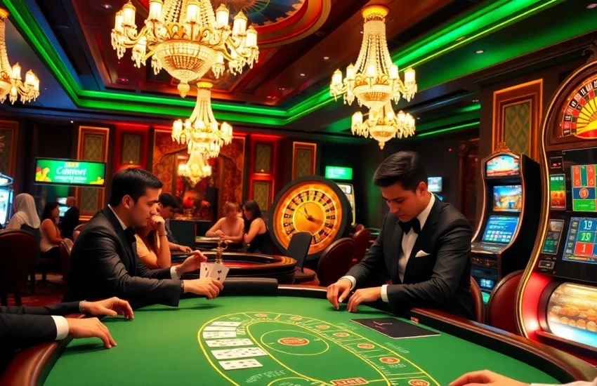 Experience high-stakes excitement at https://rr88.shopping/ with a vibrant casino scene featuring poker tables and roulette wheels.