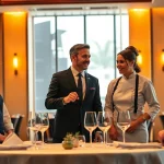 Headhunter Gastronomie, der mit einem Gastronomie-Team in einem stilvollen Restaurant kommuniziert.