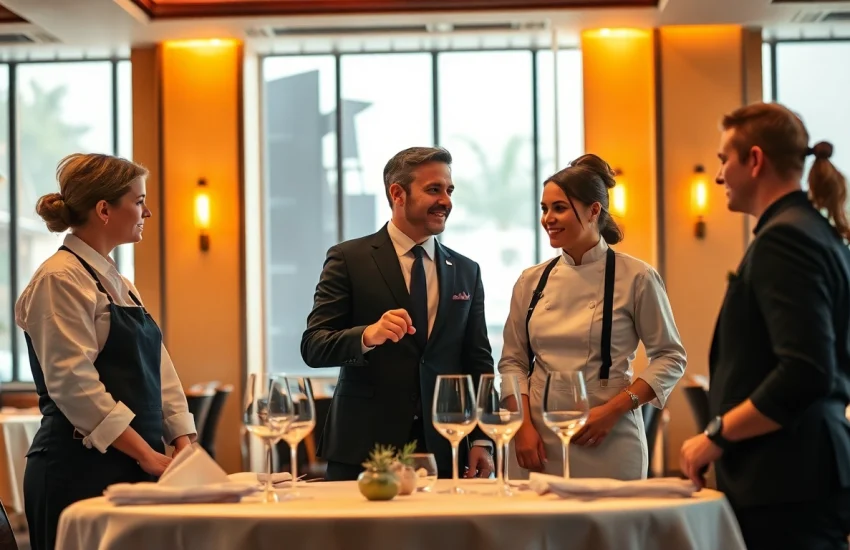 Headhunter Gastronomie, der mit einem Gastronomie-Team in einem stilvollen Restaurant kommuniziert.