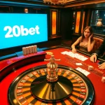 Players engaging with a thrilling casino experience at 20bet, featuring roulette and vibrant poker chips.