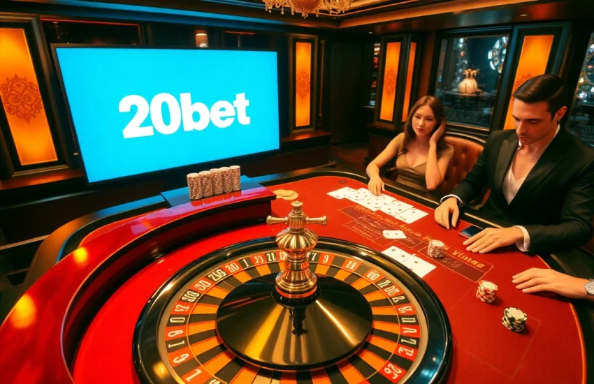 Players engaging with a thrilling casino experience at 20bet, featuring roulette and vibrant poker chips.