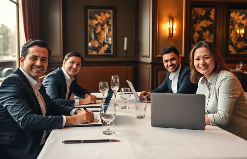 Headhunter Gastronomie-Team bespricht Strategien in elegantem Restaurant-Setting.