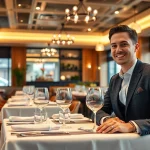 Headhunter Gastronomie in einem eleganten Restaurant, im Gespräch mit Bewerbern, die eine professionelle Atmosphäre schaffen.