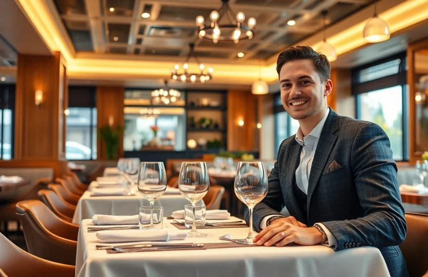 Headhunter Gastronomie in einem eleganten Restaurant, im Gespräch mit Bewerbern, die eine professionelle Atmosphäre schaffen.
