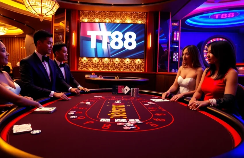 Experience the thrill of TT88 in a luxurious casino environment featuring blackjack, poker chips, and elegance.