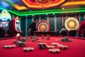 Exciting BJ66 casino scene with vibrant poker chips and a spinning roulette wheel.