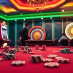 Exciting BJ66 casino scene with vibrant poker chips and a spinning roulette wheel.
