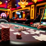 Experience thrilling gameplay at https://cf789.lat with a vibrant casino atmosphere featuring poker tables and slot machines.