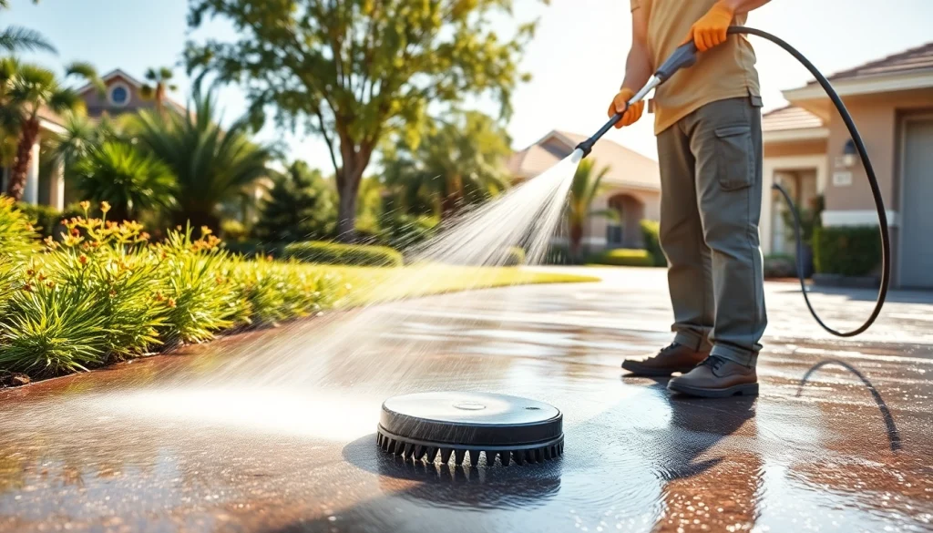 Driveway pressure wash in action, showcasing a skilled technician cleaning a residential driveway effectively.