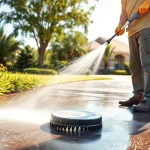 Driveway pressure wash in action, showcasing a skilled technician cleaning a residential driveway effectively.