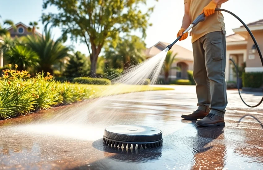 Driveway pressure wash in action, showcasing a skilled technician cleaning a residential driveway effectively.