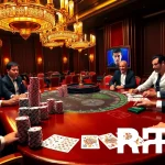 Excited players at a luxurious RR88 poker table, enhancing the thrill of high-stakes gambling.