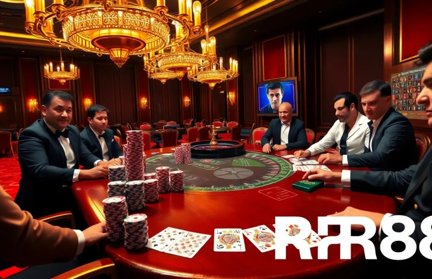 Excited players at a luxurious RR88 poker table, enhancing the thrill of high-stakes gambling.