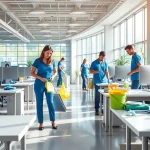Büroreinigung Berlin: Professionelle Reinigungskräfte im modernen Büro mit glänzenden Oberflächen.