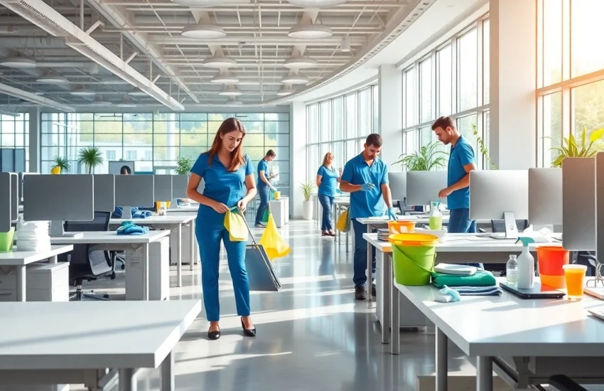 Büroreinigung Berlin: Professionelle Reinigungskräfte im modernen Büro mit glänzenden Oberflächen.