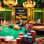 Players engaging in poker at Bay789, surrounded by vibrant casino decor and betting chips.