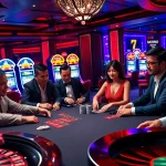 Exciting casino scene featuring players at nhà cái five88 poker table with vibrant slot machines in background.