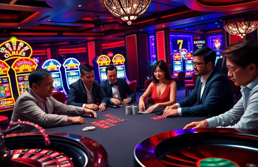 Exciting casino scene featuring players at nhà cái five88 poker table with vibrant slot machines in background.