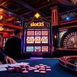 Players engaging with slot365 in an upscale casino setting, enjoying the thrill of gaming.