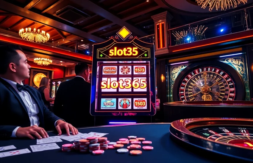 Players engaging with slot365 in an upscale casino setting, enjoying the thrill of gaming.