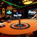 Bay789 players enjoy an exciting game scene featuring a vibrant poker table and roulette wheel.