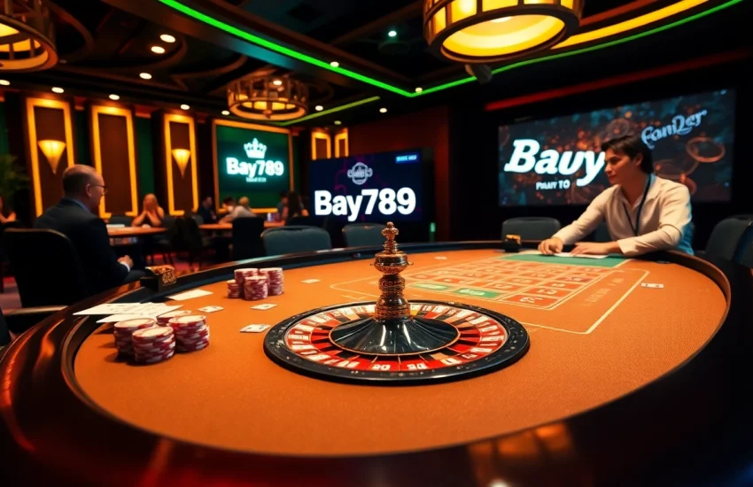 Bay789 players enjoy an exciting game scene featuring a vibrant poker table and roulette wheel.